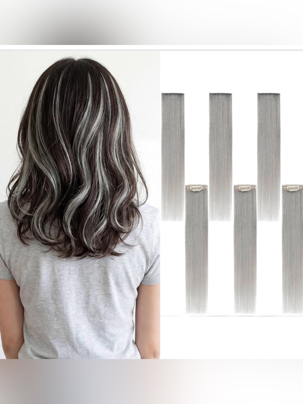 Clip In Short Straight 12” Human Hair Extensions 6 Pc - Gray